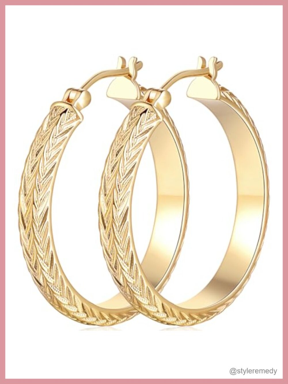 14k Gold Plated Chunky Hoop Earrings V-Shaped Engraving Latch Back